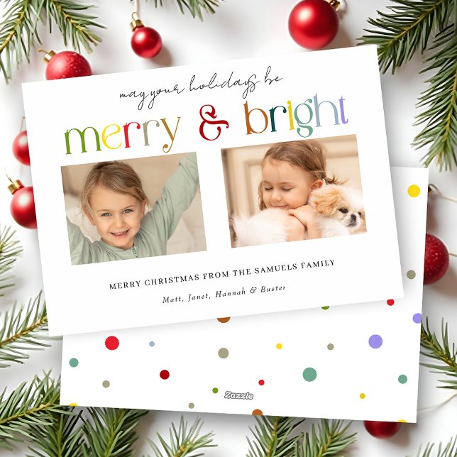 Modern Colourful Merry & Bright Typography 2-Photo Holiday Card (Creator Uploaded)