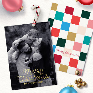 Modern Colourful Merry Christmas Chequerboard Phot Foil Holiday Card