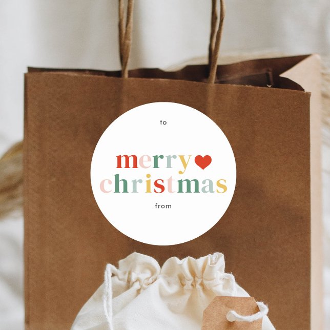 Modern Colourful Merry Christmas Classic Round Sticker (Modern colorful type merry christmas gift tag sticker.)
