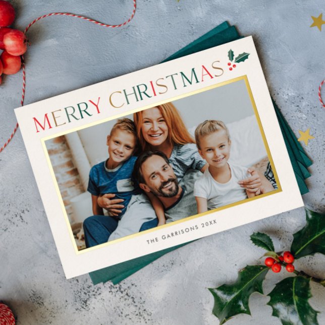 Modern Colourful Merry Christmas Photo  Foil Holiday Card (Modern colorful 2 Photo Foil Christmas Holiday Card.)