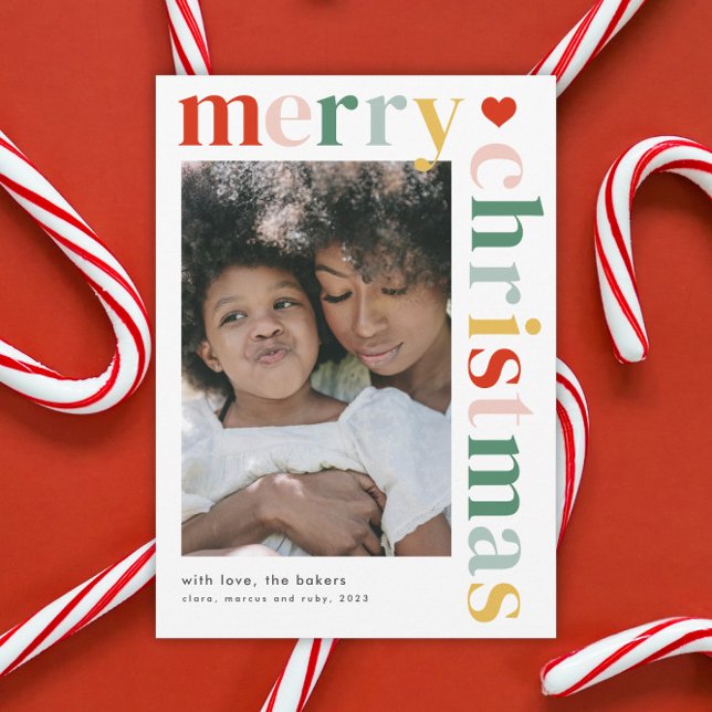 Modern Colourful Merry Christmas Photo Magnet Card (A modern colorful typography photo merry Christmas magnetic holiday card.)