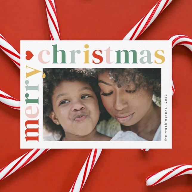Modern Colourful Merry Christmas Photo Magnet Card (A modern colorful typography 2 photo merry Christmas holiday card.)