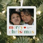 Modern Colourful Merry Christmas Photo Metal Tree Decoration<br><div class="desc">Modern Colourful Merry Christmas Photo Metal Ornament. Click the edit/personalise button to customise this design with your photos and text.</div>