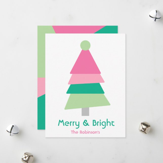 Modern Colourful Minimalist Pink and Green Tree Holiday Card (Front/Back In Situ)