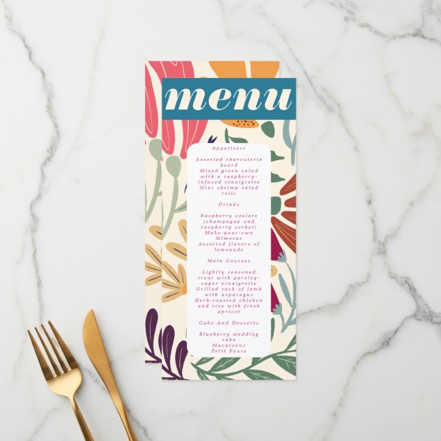 Modern Colourful Mismatch Abstract Floral Wedding Menu (Front/Back In Situ)