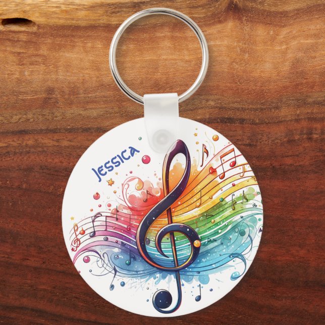 Modern Colourful Music Note Customisable Name  Key Ring (Front)