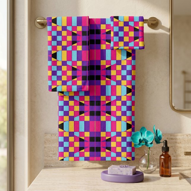 Modern Colourful Op Art Mosaic Geometric Pattern Bath Towel Set (Creator Uploaded)