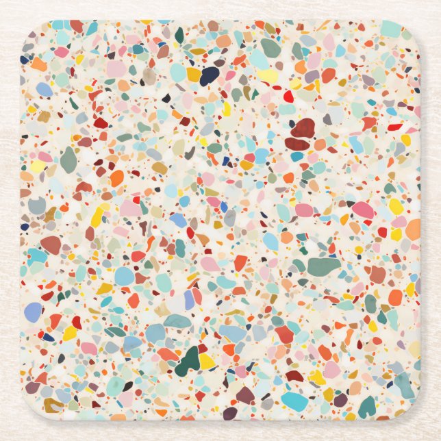 Modern Colourful Pastel Terrazzo Pattern Square Paper Coaster (Front)