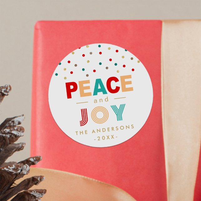Modern Colourful Peace and JOY Typography Christma Classic Round Sticker (Creator Uploaded)