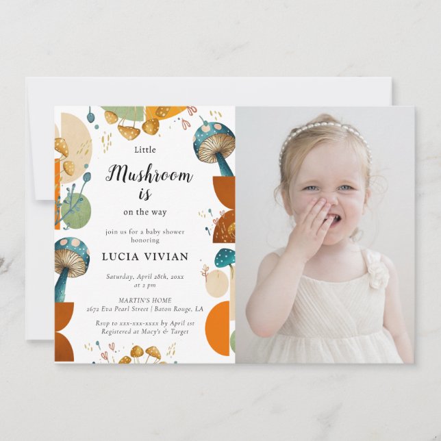 Modern Colourful Photo Mushroom Baby Shower Invitation (Front)