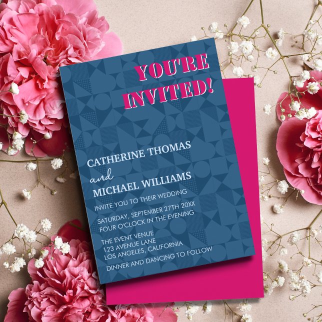 Modern Colourful Pink & Blue Geometric Wedding Invitation (Creator Uploaded)