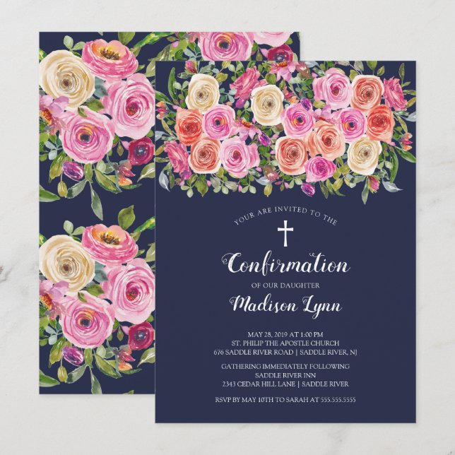 Modern Colourful Pink Floral CONFIRMATION Invitation (Front/Back)