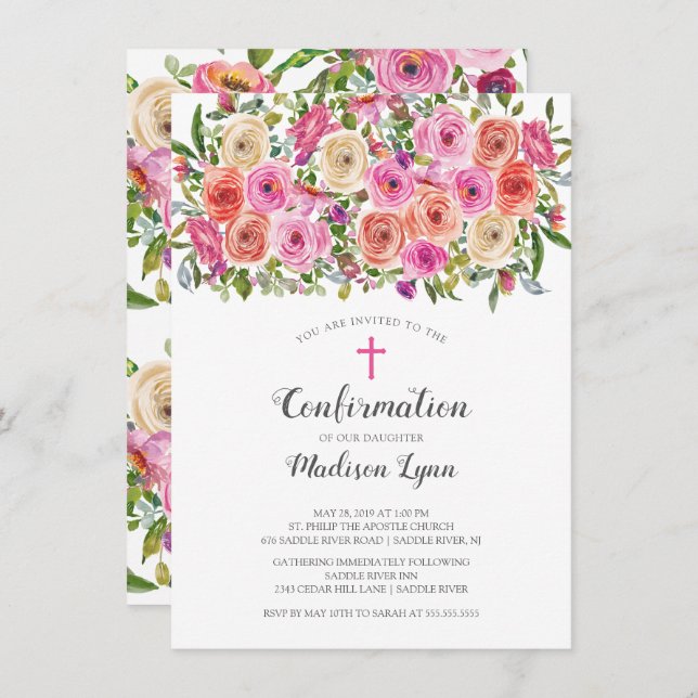 Modern Colourful Pink Floral Confirmation Invitation (Front/Back)