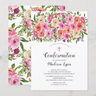 Modern Colourful Pink Floral & Cross Confirmation Invitation