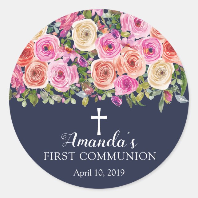 Modern Colourful Pink Floral First Communion Classic Round Sticker (Front)
