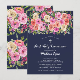 Modern Colourful Pink Floral First Holy Communion Invitation