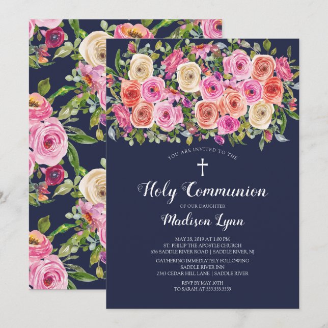 Modern Colourful Pink Floral First Holy Communion Invitation (Front/Back)