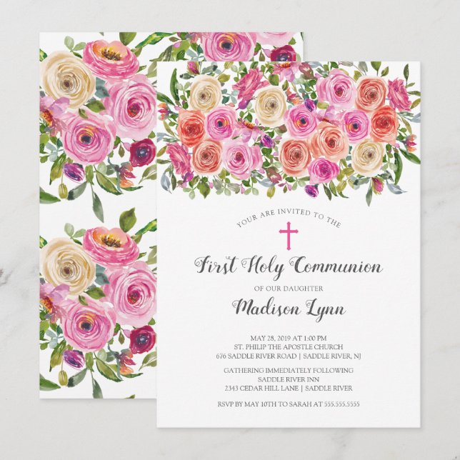 Modern Colourful Pink Floral First Holy Communion Invitation (Front/Back)