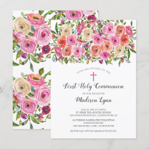 Modern Colourful Pink Floral First Holy Communion Invitation
