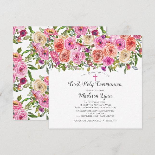 Modern Colourful Pink Floral First Holy Communion Invitation (Front/Back)