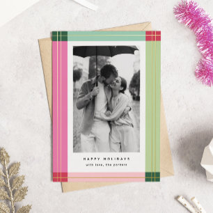 Modern Colourful Pink Plaid Frame Christmas Photo Foil Holiday Card