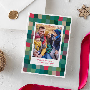 Modern Colourful Pixel Chequered Christmas Photo  Holiday Card