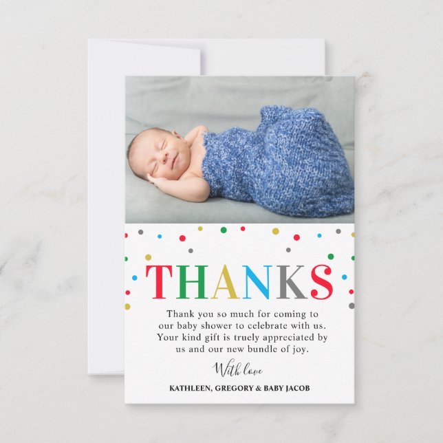 Modern Colourful Polka Dot Unisex Baby Shower Thank You Card (Front)