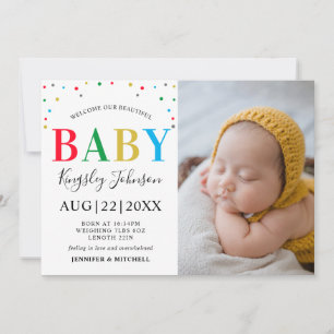Modern Colourful Polka Dot Unisex Baby Stats Photo Announcement