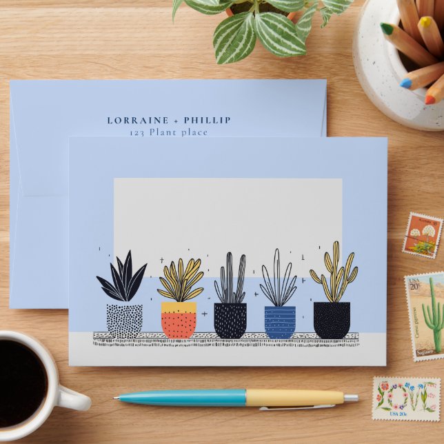 Modern colourful Potted house Plants Wedding Envelope (Desk)
