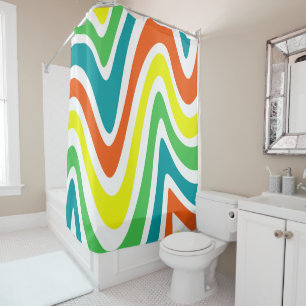 Modern colourful preppy abstract waves green white shower curtain