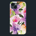 Modern Colourful Preppy Watercolor Boho Flowers iPhone 13 Case<br><div class="desc">Modern preppy watercolor flowers. Purple peach and pink flowers over white background</div>