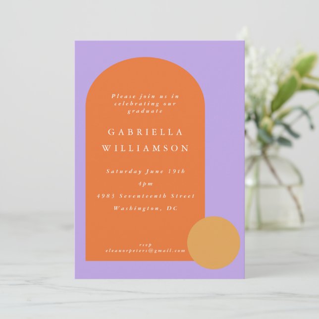 Modern Colourful Purple Orange Graduation Party Invitation (Standing Front)