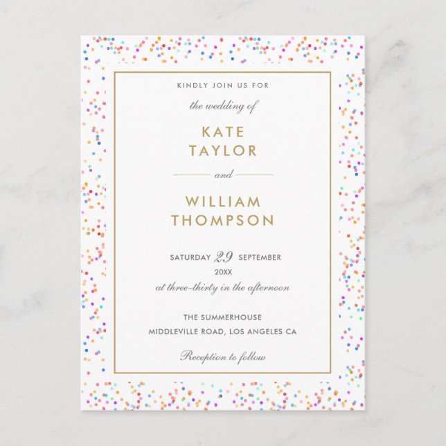 Modern Colourful Rainbow Confetti Photo Wedding  Invitation Postcard (Front)