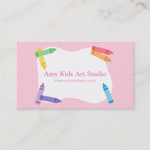 Modern Colourful Rainbow Crayons Pink Polka Dots Business Card