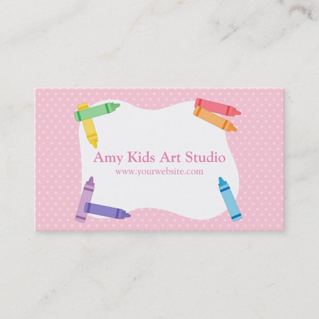 Modern Colourful Rainbow Crayons Pink Polka Dots Business Card (Front)