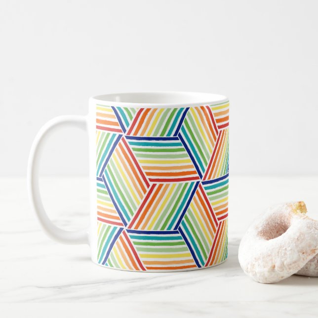 Modern Colourful Rainbow Cube Pattern Coffee Mug (With Donut)