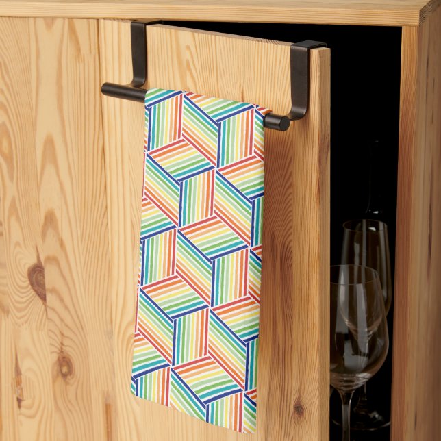 Modern Colourful Rainbow Cube Pattern Tea Towel (Thirds Fold)