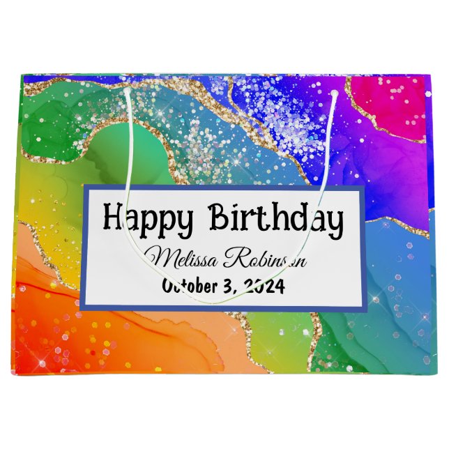 Modern Colourful Rainbow Glitter Birthday  Large Gift Bag (Front)