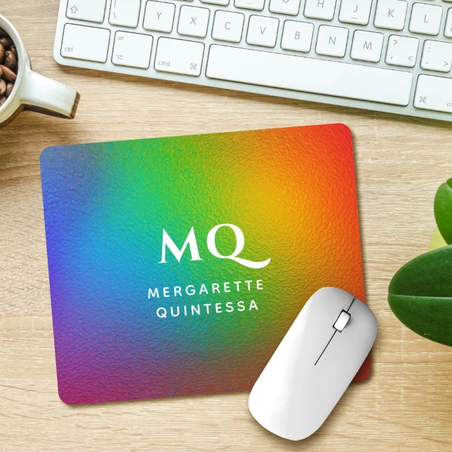 Modern Colourful Rainbow White Monogram Initial Mouse Mat (Creator Uploaded)