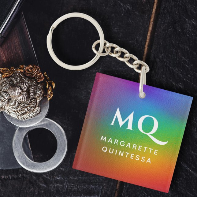 Modern Colourful Rainbow White Monogram Initials Key Ring (Creator Uploaded)
