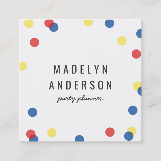 Modern Colourful Red Blue Yellow Confetti Square Business Card (Front)