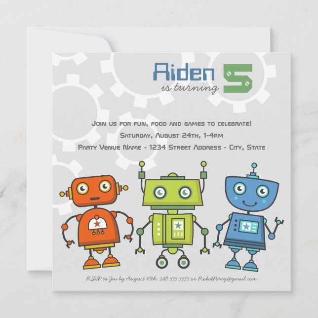 Modern Colourful Robots Boys Robot Birthday Party Invitation (Front)
