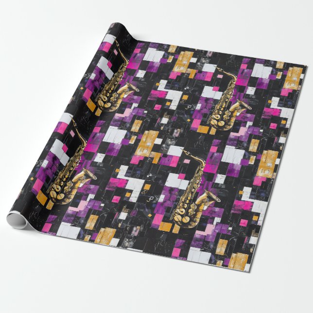 Modern colourful saxophone pattern wrapping paper (Unrolled)