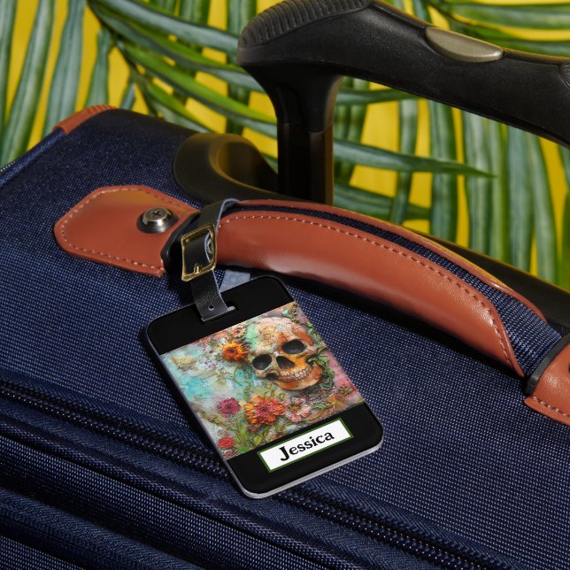 Modern Colourful Skull Flowers  Luggage Tag (Front Insitu 1)