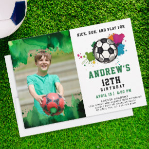 Modern Colourful Soccer Birthday Party Green Photo Invitation