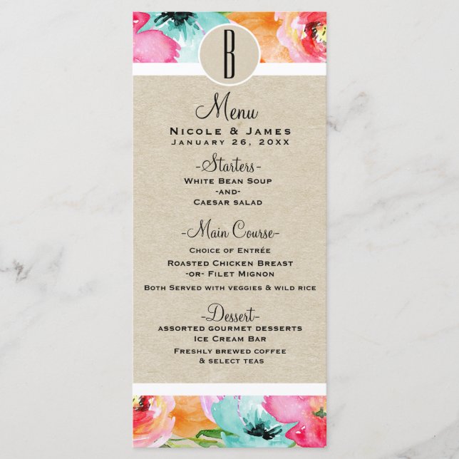 Modern Colourful Spring Floral Watercolor Menu Car (Front)