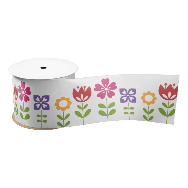 Modern Colourful Spring Flowers Satin Ribbon (Spool)