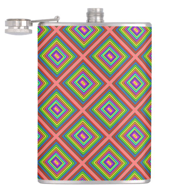 Modern colourful square geometric pattern graphic  hip flask (Opened)