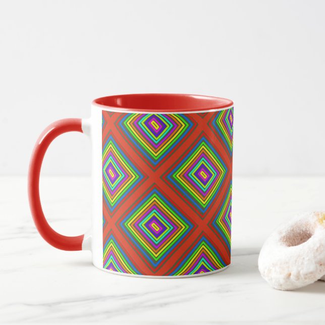 Modern colourful square geometric pattern graphic  mug (With Donut)