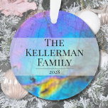 Modern Colourful Stone Stylish Family Name Ornament<br><div class="desc">Stunning and colourful rainbow hued labradorite stone photo makes the perfect backdrop for a simple and modern design. This is a closeup of a real natural labradorite crystal with blue, purple, pink, yellow, and green. Add your family name and year (or write whatever in the 2 text boxes), or you...</div>